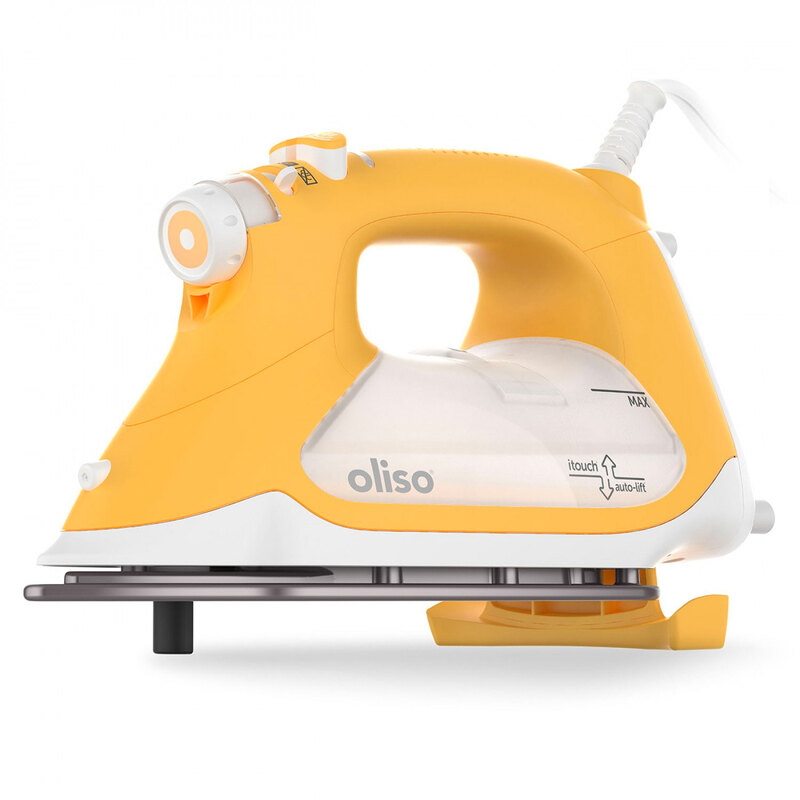 image of yellow colored Oliso Smart Iron on a white background