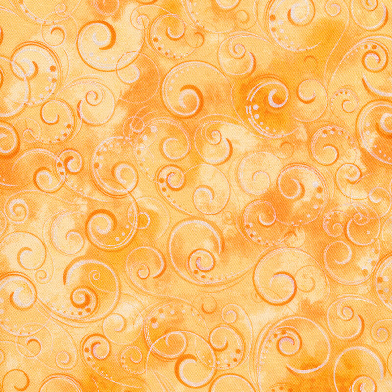 Orange mottled fabric with dark orange swirls and dots all over