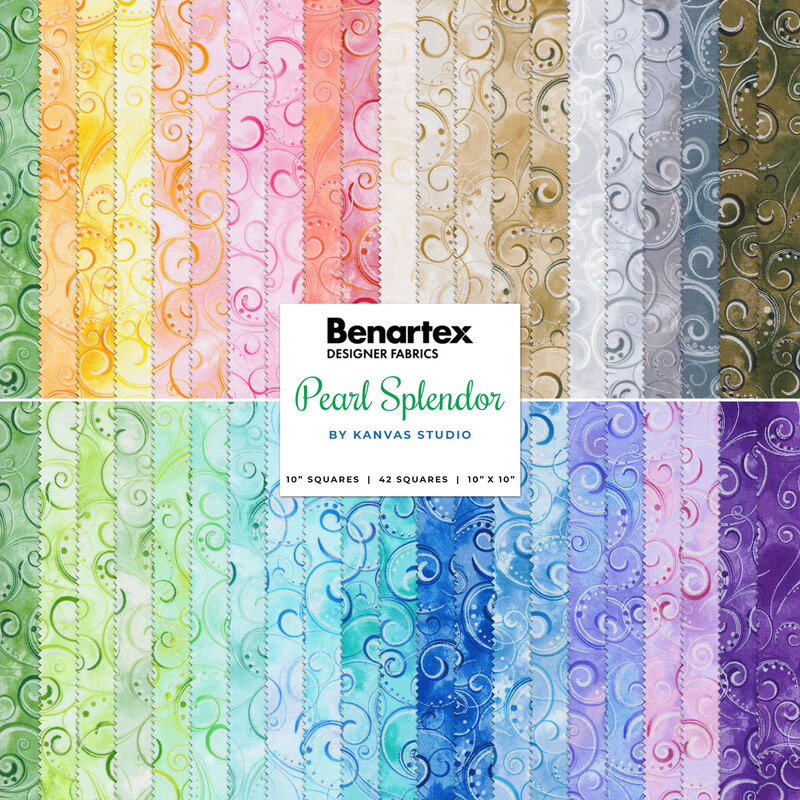 A collage of colorful basics fabrics included in the Pearl Splendor fabric collection