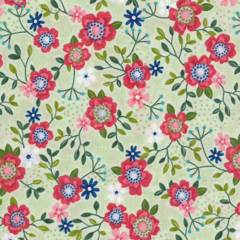 Light green fabric with bright red flowers and green vines all over