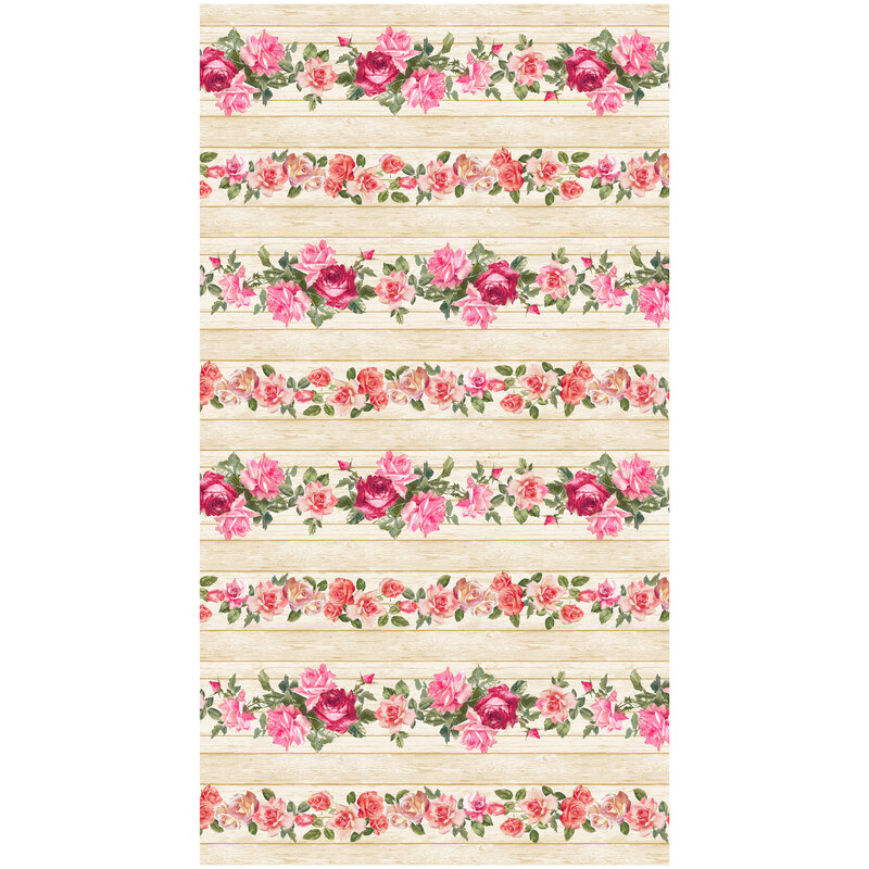 border stripe fabric featuring roses and leaves on a wood texture background