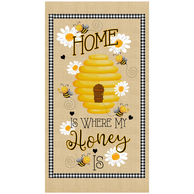 full size image of panel featuring a large bee hive, bees, and daisies with the words 