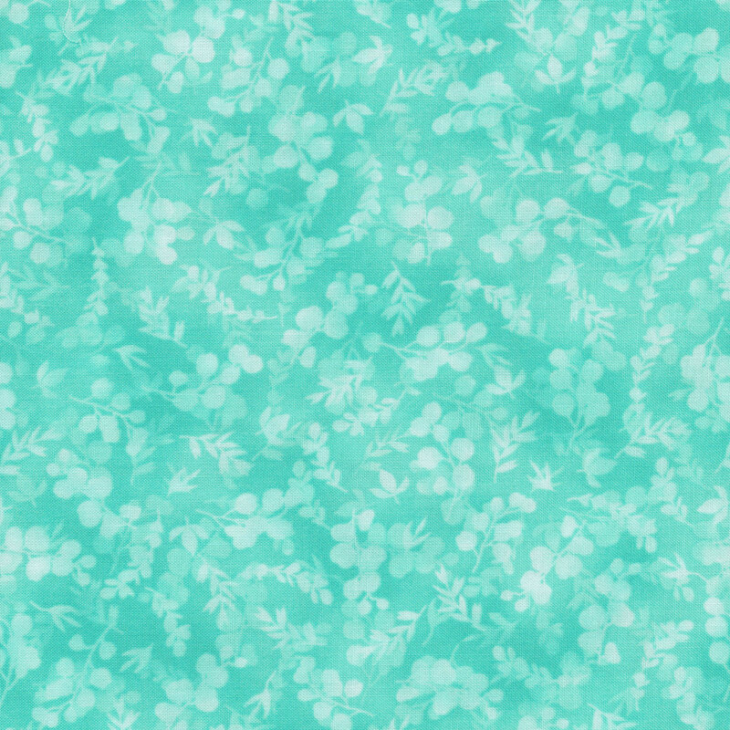 mottled, tonal aqua fabric featuring leaves and vines