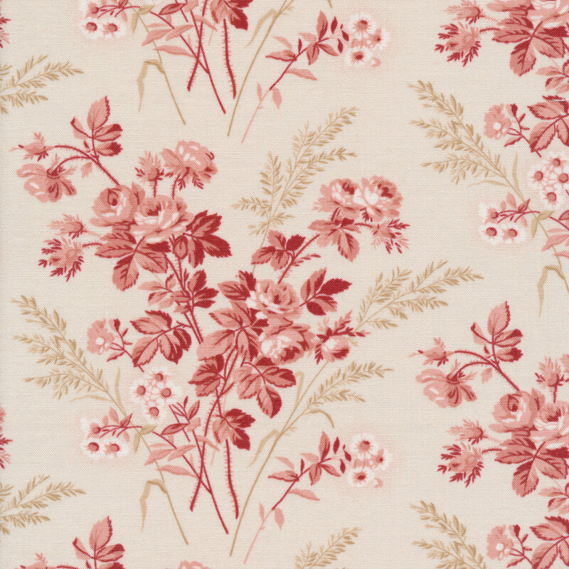 cream fabric with red illustrated flowers and cream tonal grass