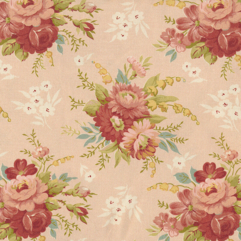 Floral fabric pattern featuring large pink and red roses on a soft peach background.
