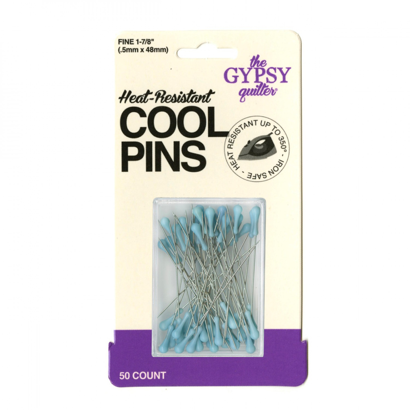 Pack of 50 heat-resistant sewing pins with blue tips, labeled Cool Pins from The Gypsy Quilter.