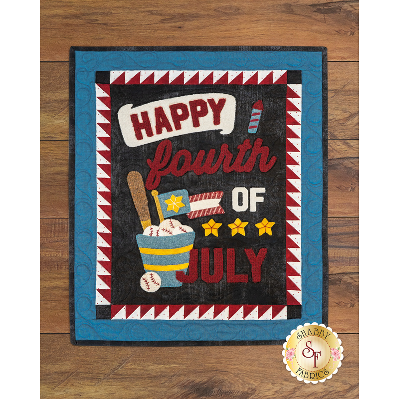 A decorative sign features the text Happy Fourth of July in bold, colorful letters. It includes illustrations of a baseball bat, ice cream, and five stars. The background is black with a blue border and red and white triangle patterns.