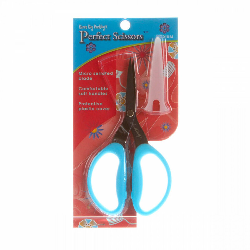 A package of Perfect Scissors featuring micro-serrated blades and comfortable blue handles, with a protective cover.