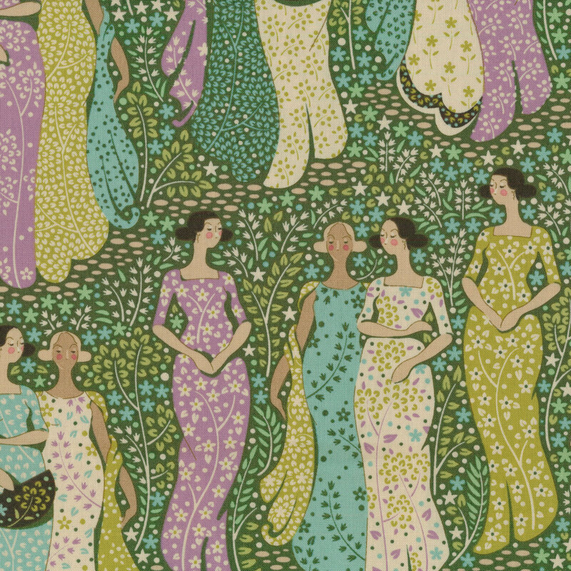 green fabric featuring women in pairs with flowers between them