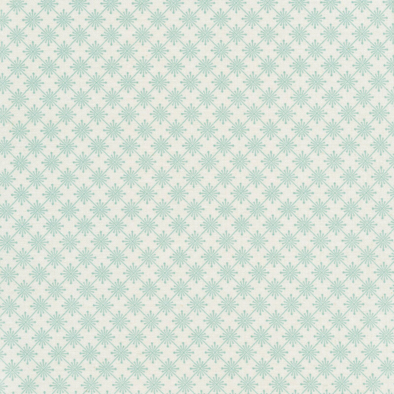 Light aqua diamond shaped stars on a white background making a lattice pattern