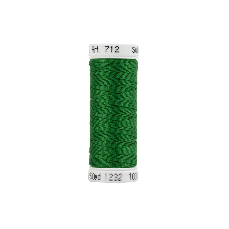 Close up image of Sulky 12wt classic green thread spool against a white background