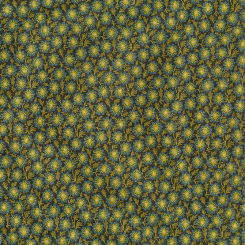 dark brown fabric nearly covered by teal daisies with cream centers and green leaves