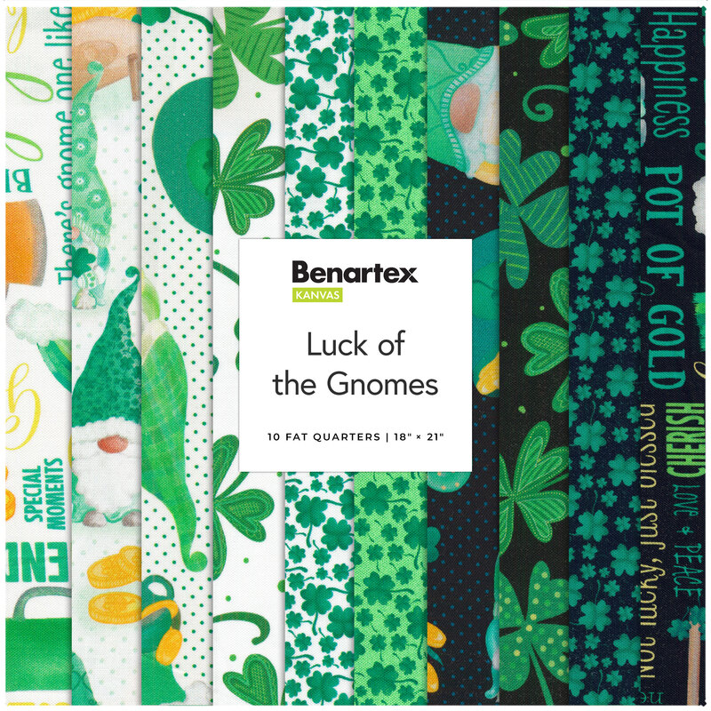 A collage of fabrics included in the Luck of the Gnomes collection