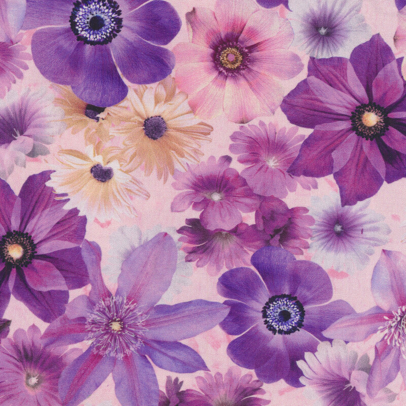 Light pink fabric with packed purple and pink flowers all over