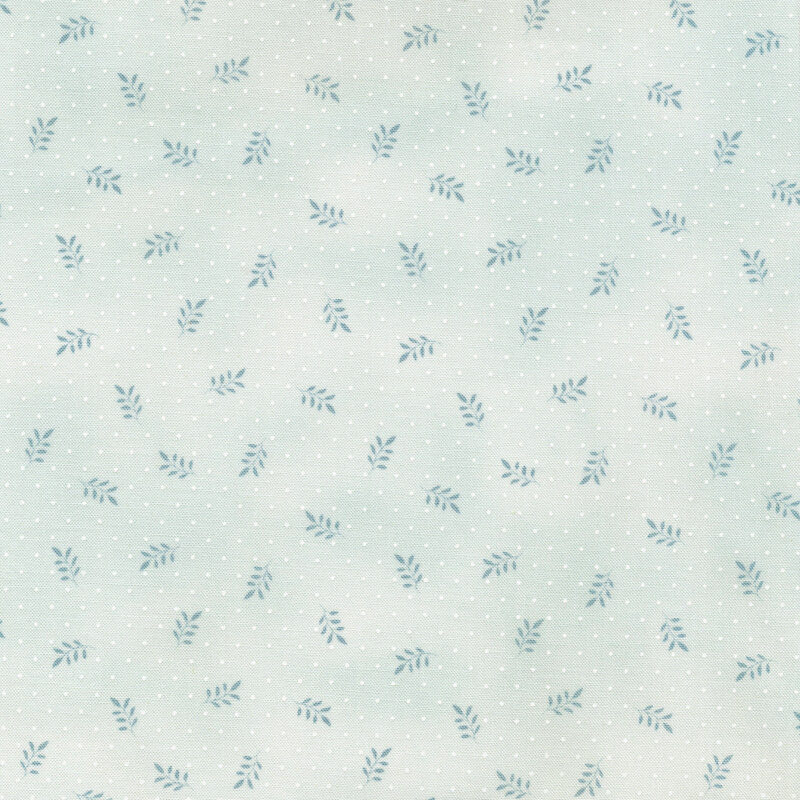 fabric with small aqua leaves on a mottled light aqua background