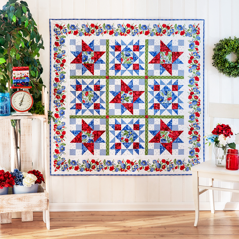 A colorful quilt with star patterns hangs on a white wall, surrounded by plants and decorative items.