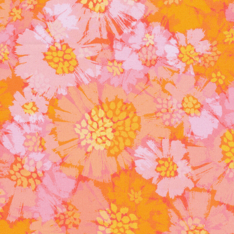 peach, golden yellow and orange flowers on a dark orange background