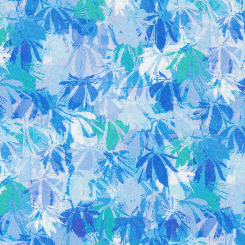 dark blue and aqua leaves on a light blue leafy background