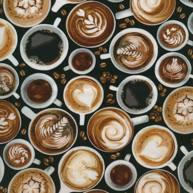 black fabric with top down view of cups of coffee with coffee art and scattered coffee beans