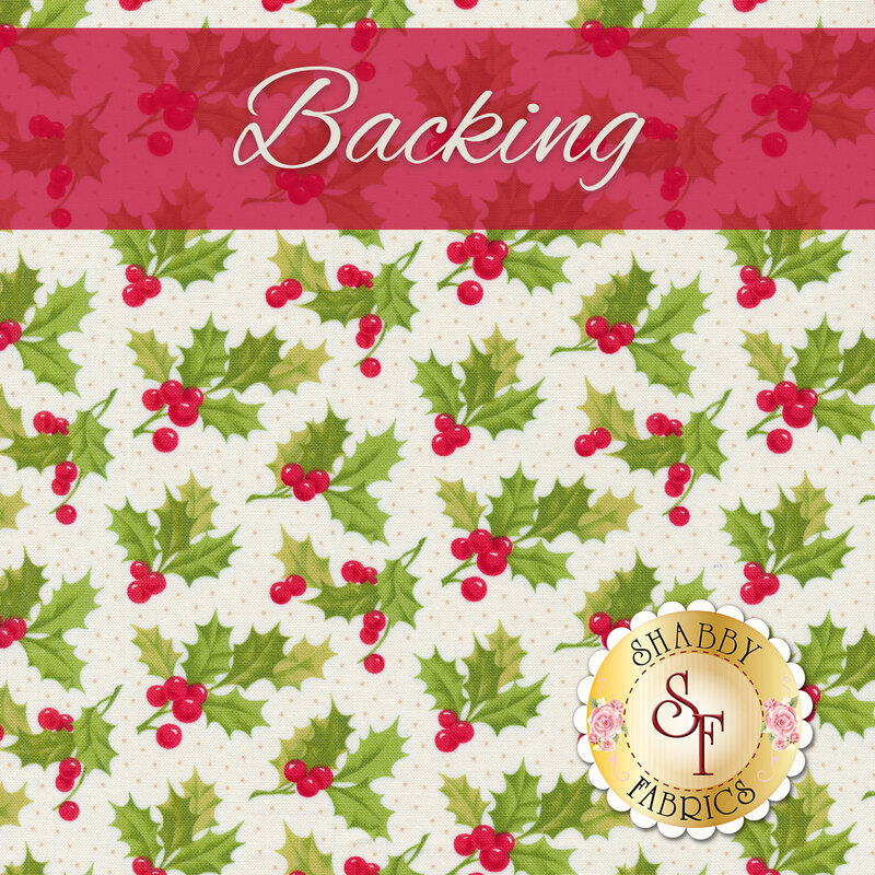 A swatch of white fabric with holly, leaves, and small dots. A red banner at the top reads 