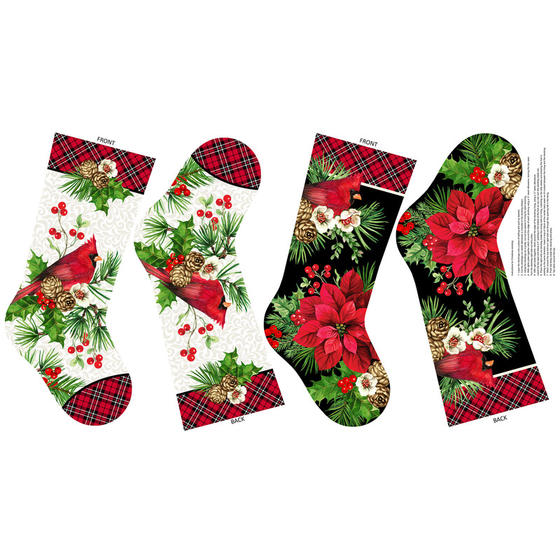 White panel with black floral stocking and white cardinal stocking project patterns