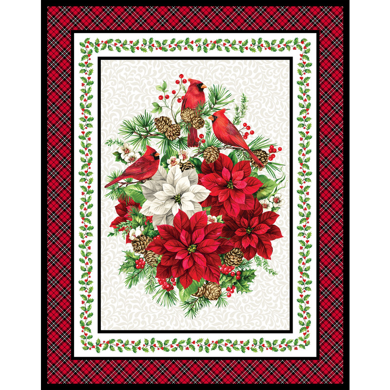 White panel with plaid border with red and white poinsettias with cardinals in the center