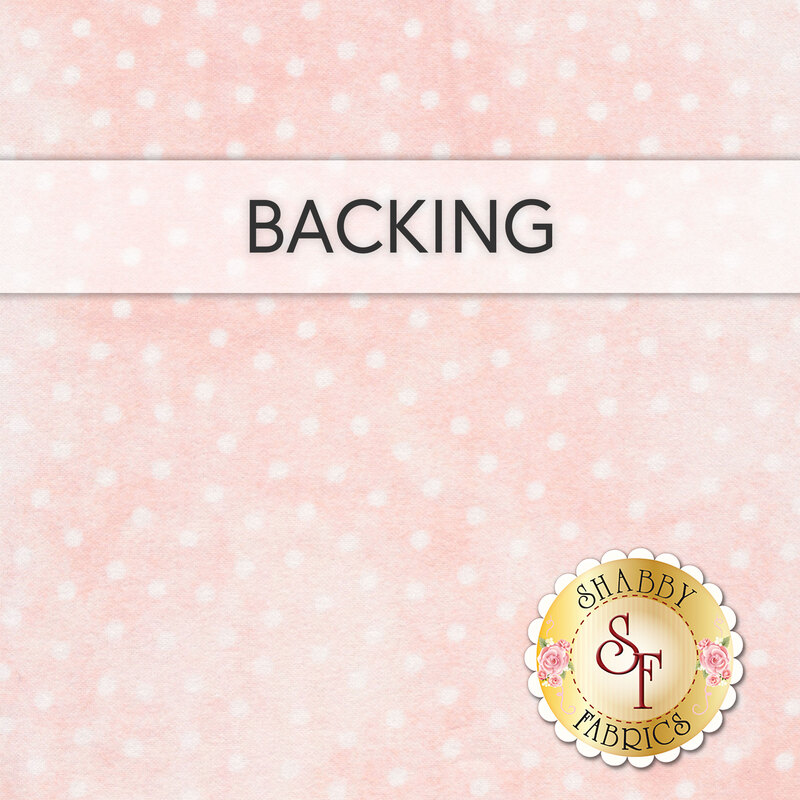 A swatch of mottled pink flannel fabric with white polka dots. A salmon pink banner at the top reads 