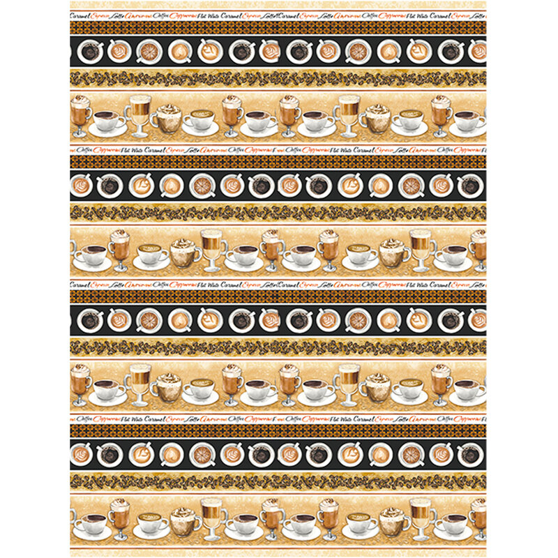 A black and cream border stripe fabric with rows of coffee mugs, cappucinos, and top down coffee art