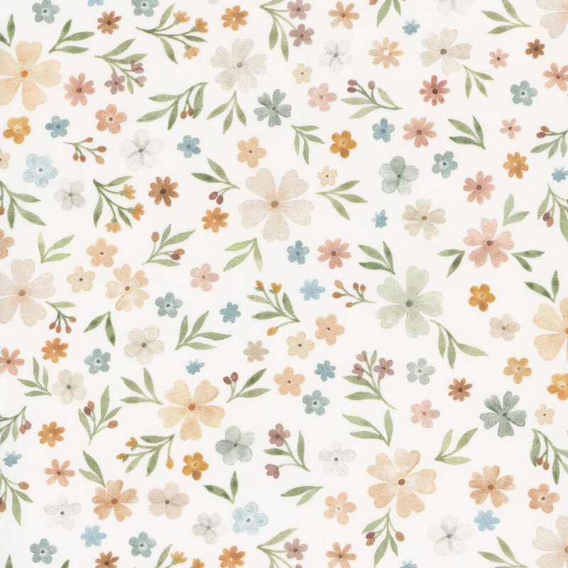 White fabric with yellow, blue, orange, and pink flowers in varying sizes all over.