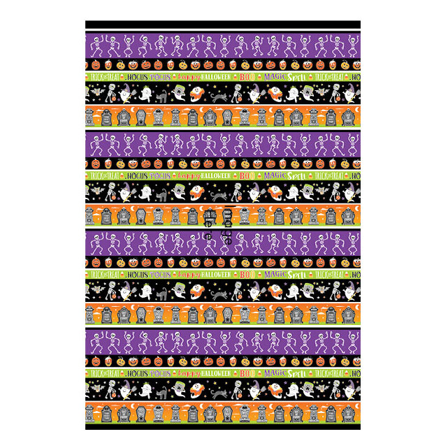 image of fabric with border stripe pattern with ghosts, skeletons, jack-o-lanterns, and headstones