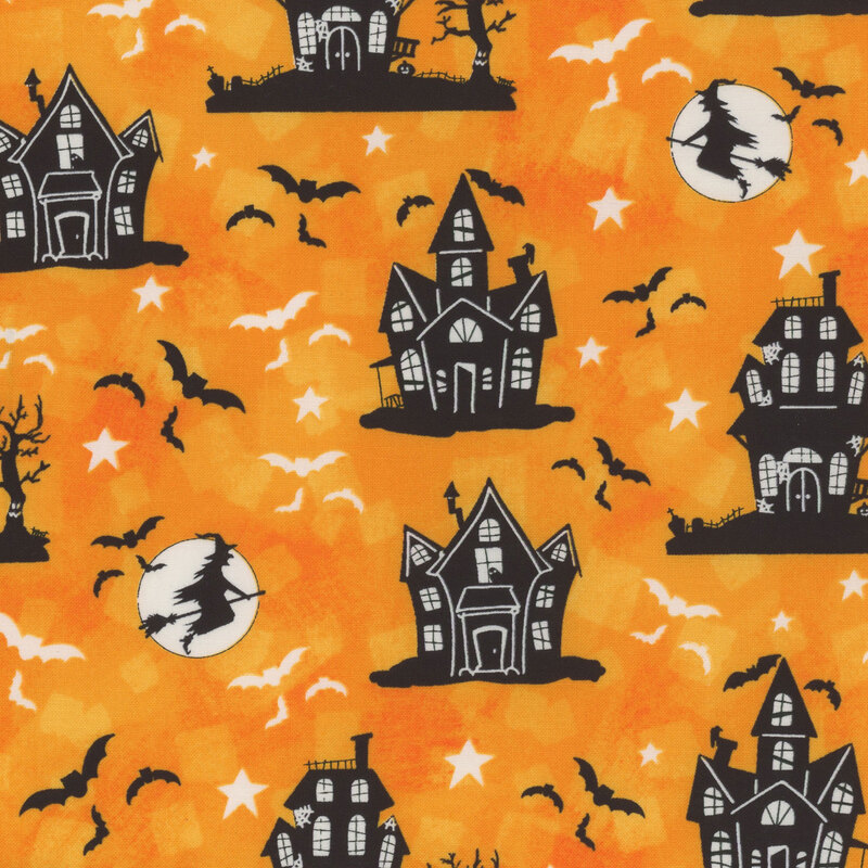 A repeating fabric pattern featuring black haunted houses, bats, a witch on a broom, and stars on an orange background.