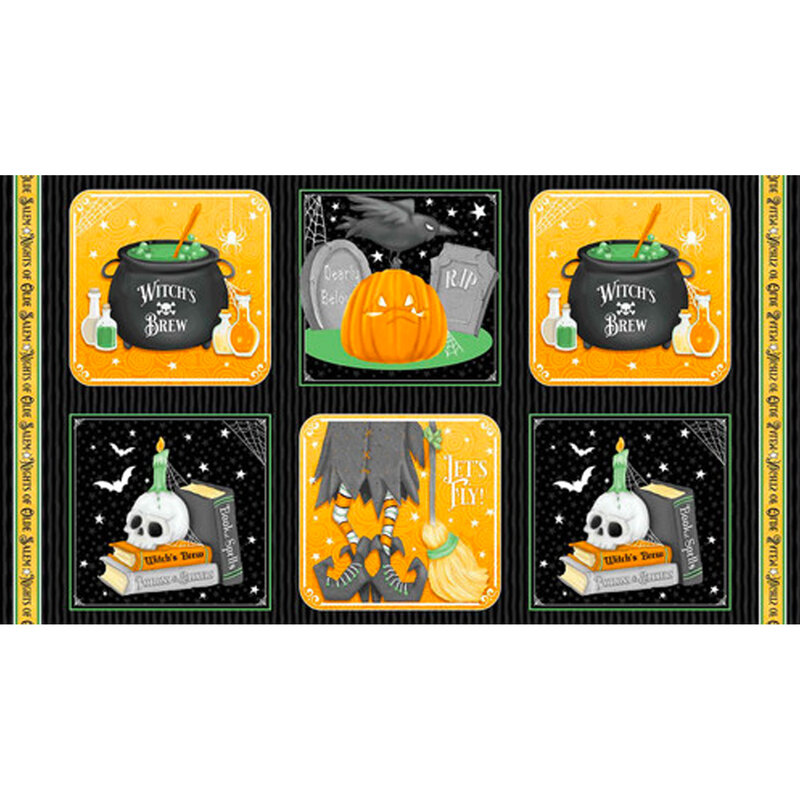 Halloween panel with 6 blocks, each with a fun Halloween scene