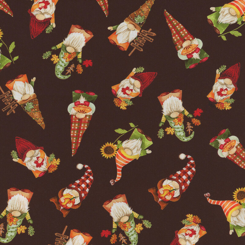 A pattern featuring various gnomes in colorful outfits, holding flowers and surrounded by fall-themed elements on a dark background.