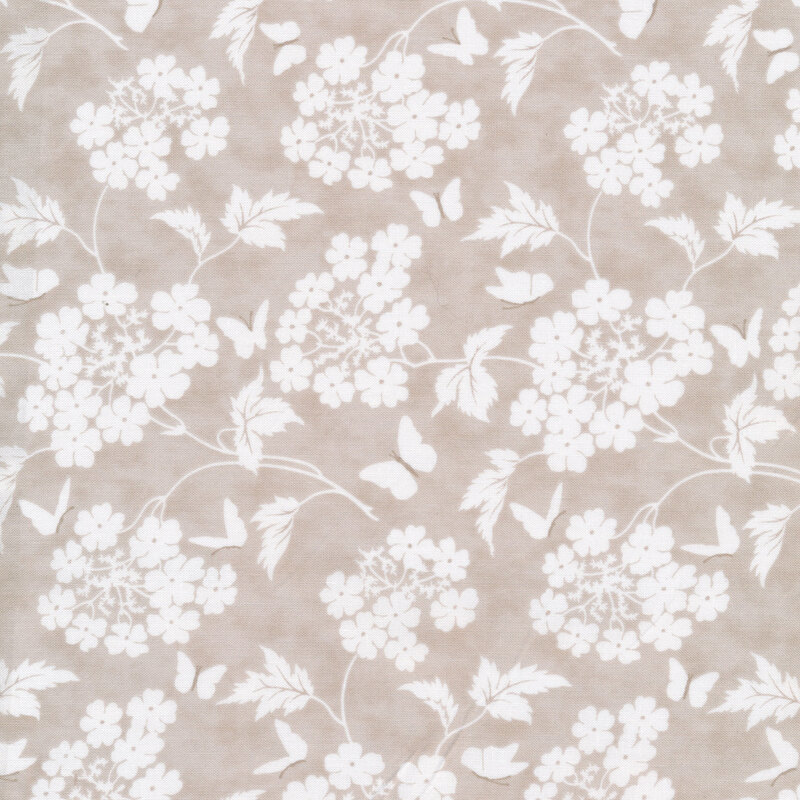 A floral pattern featuring white flowers and butterflies on a light beige background.