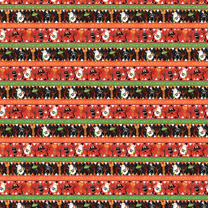 full size repeat of border stripe featuring cartoon Halloween characters and tree silhouettes on alternating black, green and orange stripes