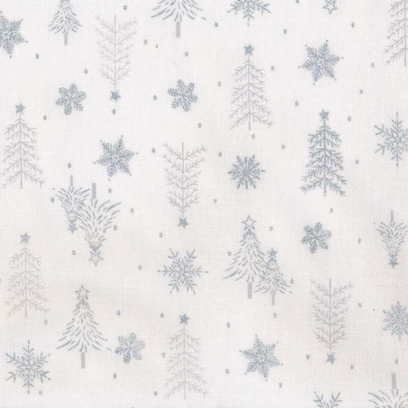 Solid white fabric with silver metallic pine trees with stars and snowflakes