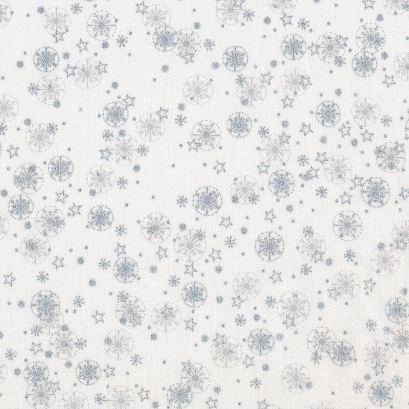 White fabric with silver metallic stars and snowflakes all over