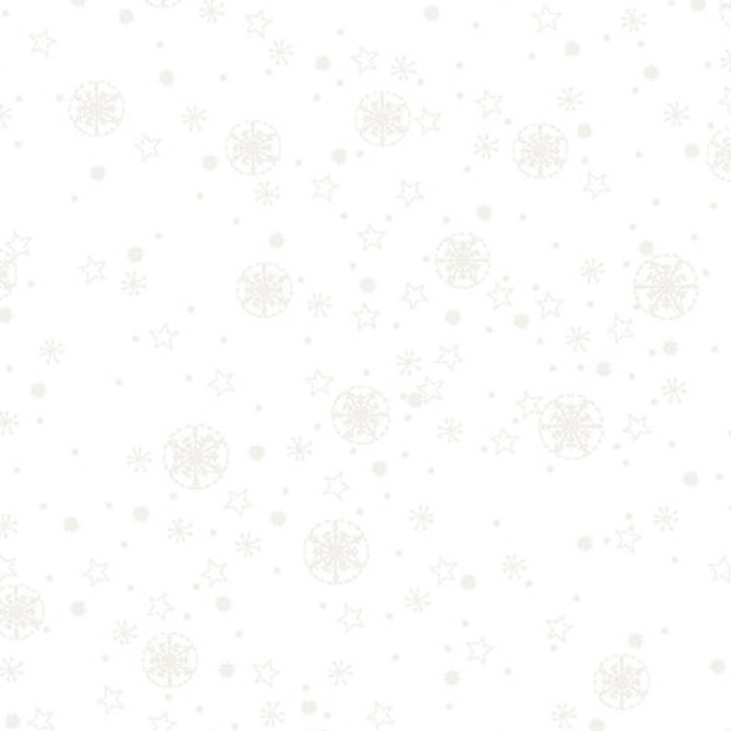 Solid white fabric with pearlized stars and circular snowflakes