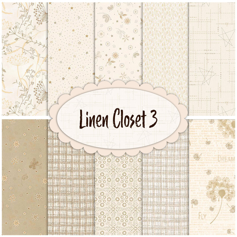 Collage of fabrics included in the Linen Closet 3 fabric collection