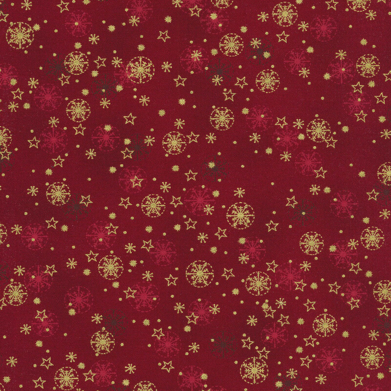 Red mottled fabric red and gold metallic snowflakes and stars all over