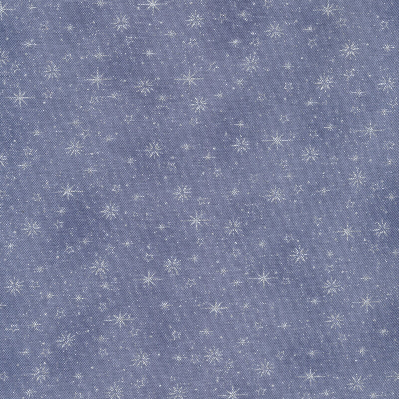 Light blue fabric with small silver metallic shimmering stars and snowflakes all over