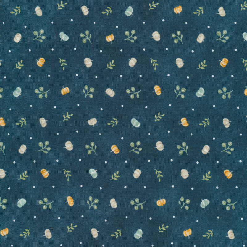 Navy blue fabric covered in a variety of twigs, sprigs, pumpkins and little blue dots