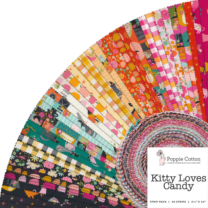 A collage of fabrics included in the Kitty Loves Candy 2-1/2