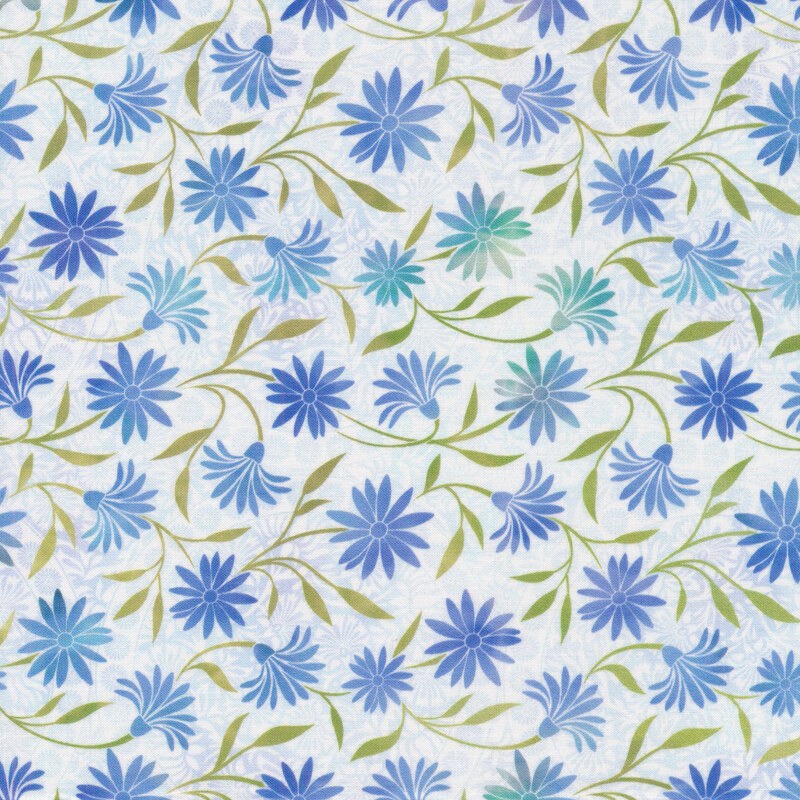 dark blue and aqua flowers on a light blue swirl background