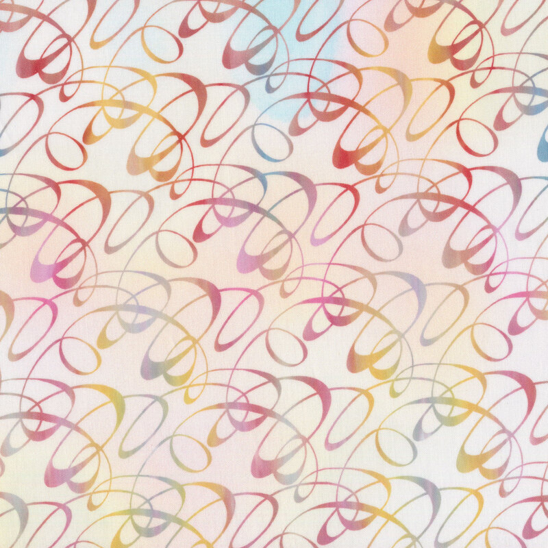 multicolored swirls on a light pink mottled fabric