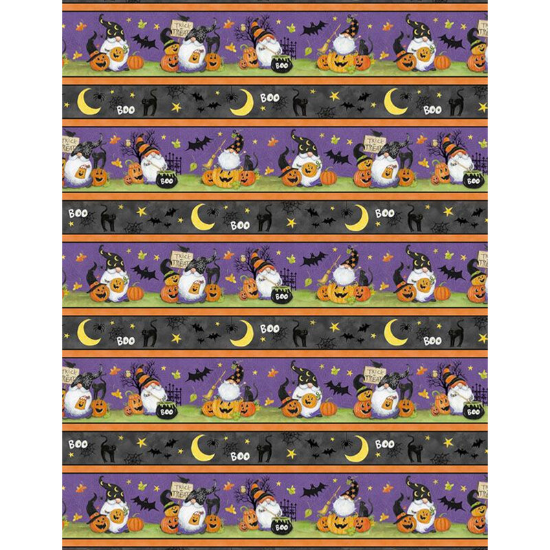 Multi colored border stripe fabric gnome witches, black cats, cauldrons, jack-o-lanterns and more