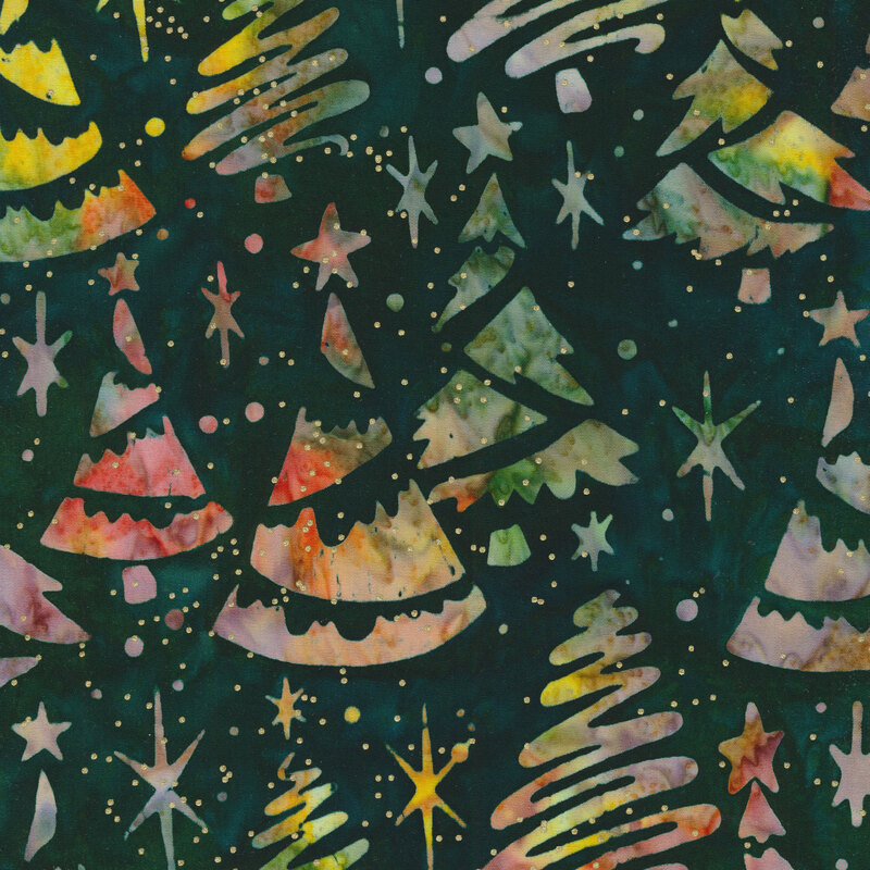 Dark green mottled batik fabric with colorful Christmas trees and stars