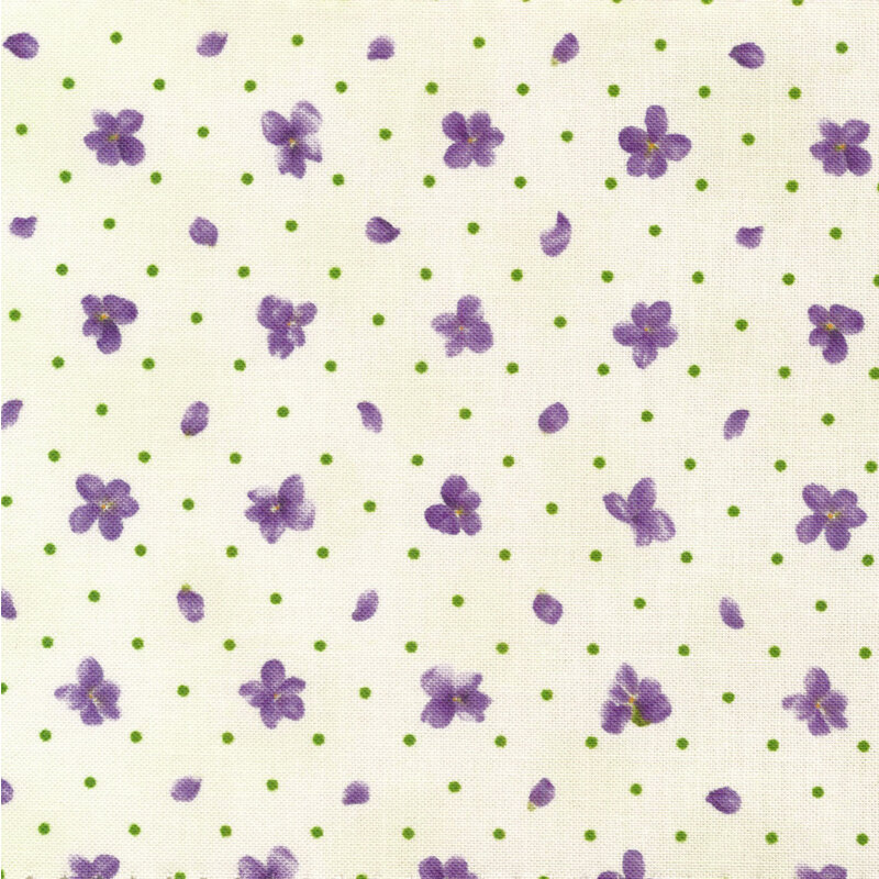 Scan of fabric featuring small purple flowers and polka dots on a bright white background