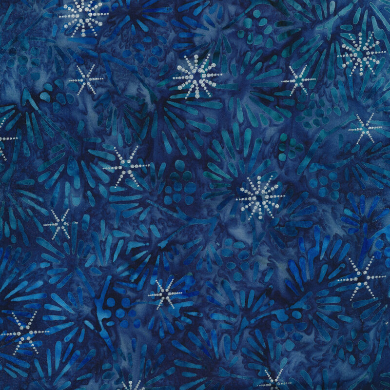 Dark blue batik fabric with tonal blue pine sprigs and silver metallic accents