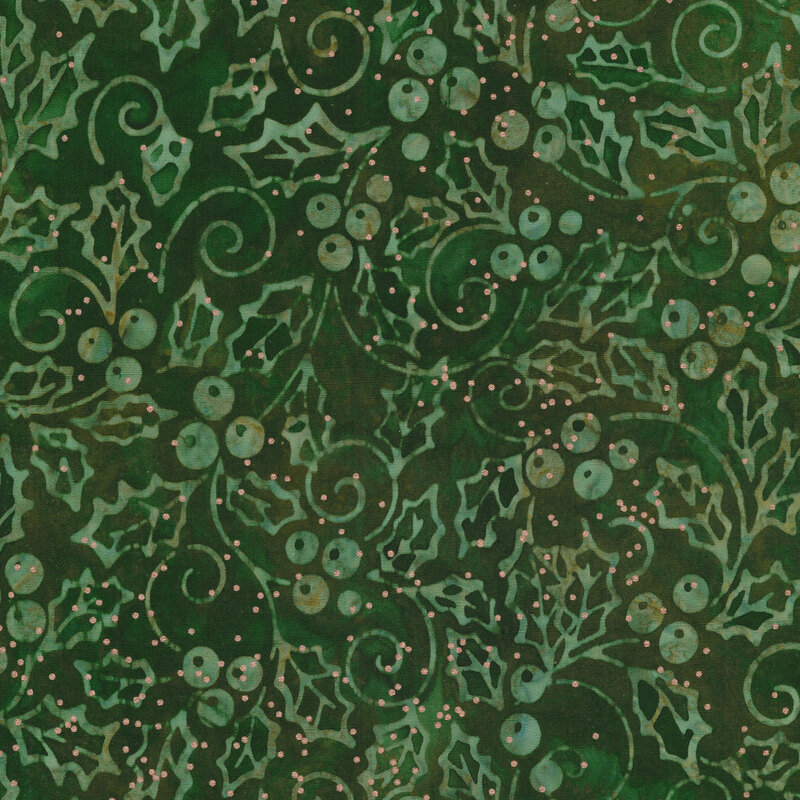 Dark green marbled fabric with light green holly leaves and berries all over with small speckled gold metallic dots